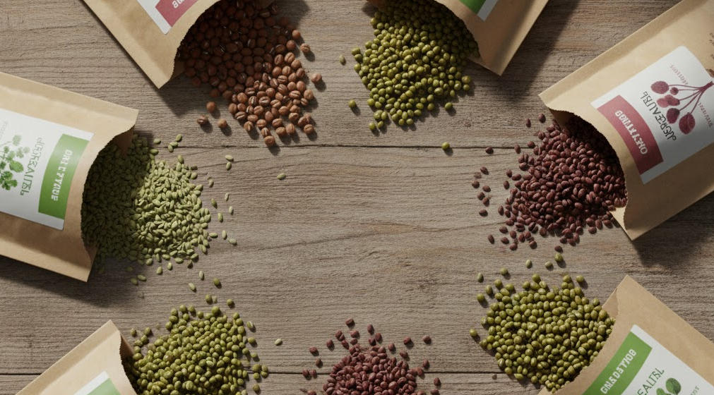 Organic seeds for sprouting laid out on a wooden table