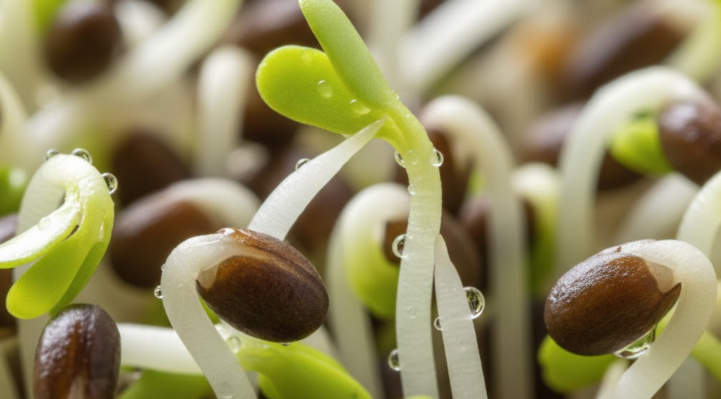 macro close-up of alfalfa and broccoli sprouts