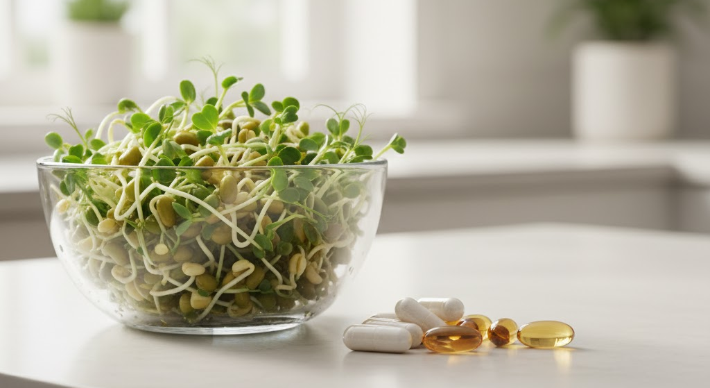 Digestive enzyme capsules next to fresh sprouts