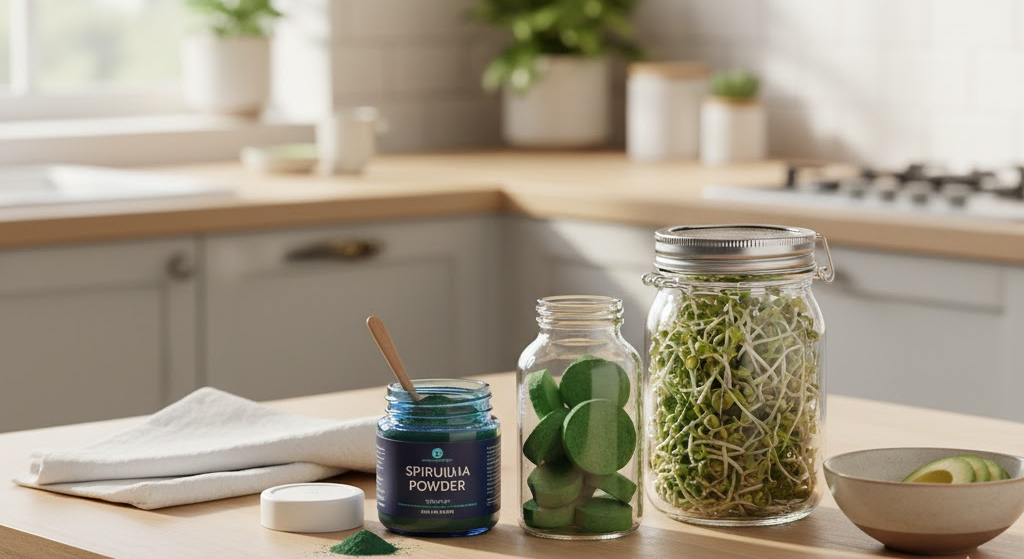 Spirulina supplements and fresh sprouts on a kitchen counter