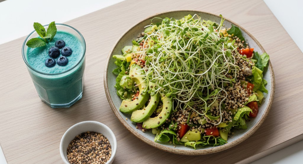 Vegan meal with spirulina smoothie and sprout salad