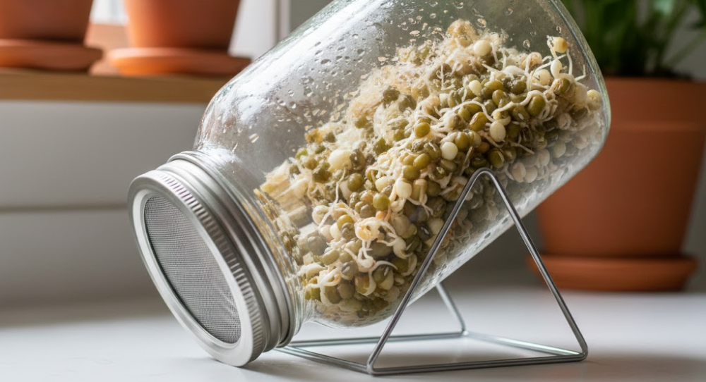 Home sprouting jar with seeds germinating inside.