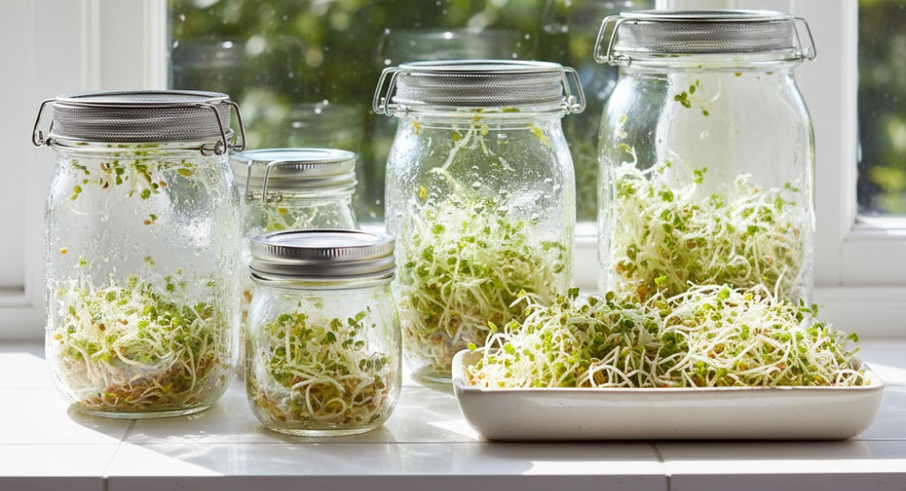 Glass jars with green sprouts growing in natural sunlight