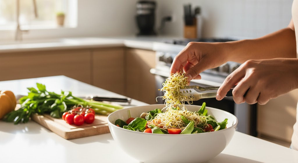Person preparing a fresh salad using sprouted seeds in a modern kitchen.