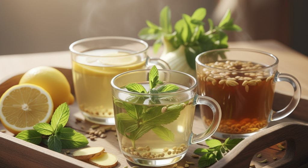 Herbal tea with ginger and mint on a wooden tray