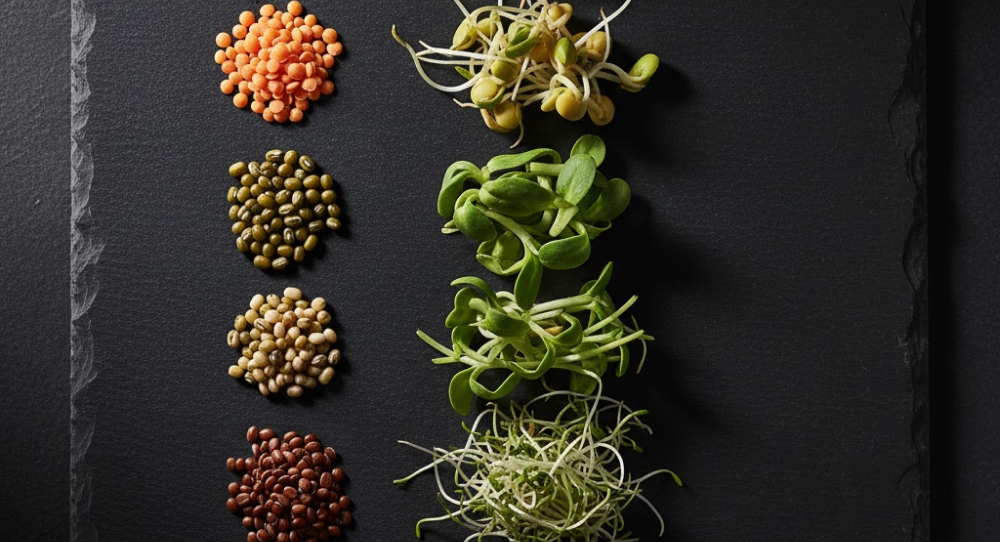 Variety of seeds placed next to their sprouted forms on a dark surface.