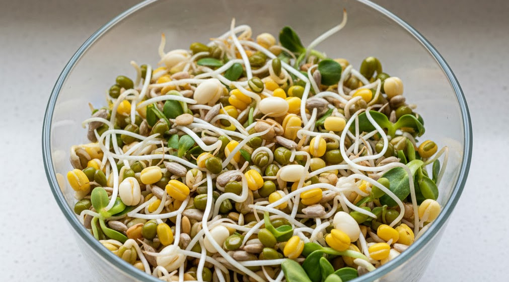 Mixed sprouted seeds in a glass bowl.