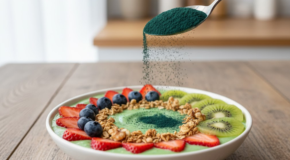 Spoon of spirulina powder over a smoothie bowl