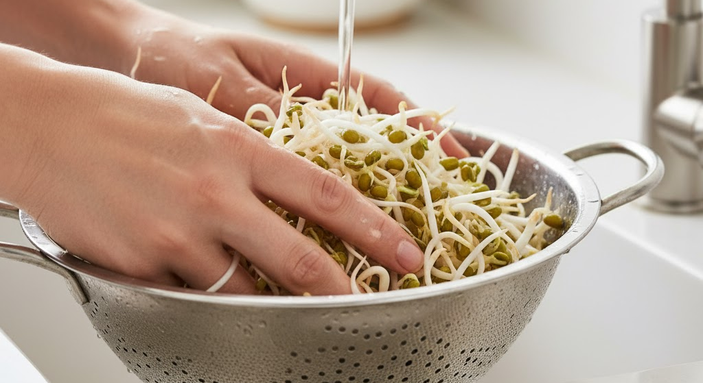 Parent washing fresh sprouts in kitchen under running water