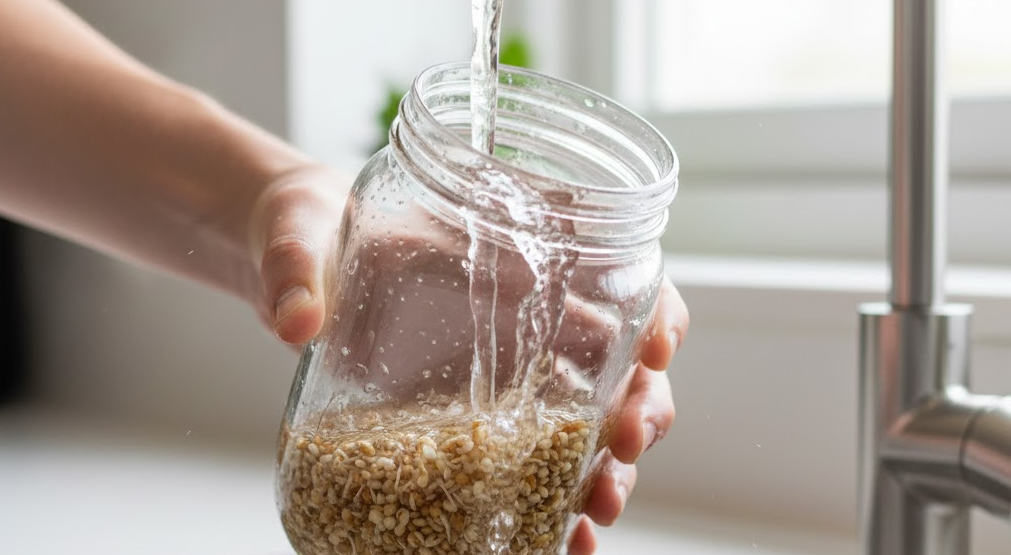 hands rinsing seeds in a jar under running water