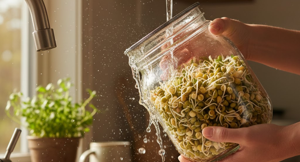 Hands rinsing sprouted seeds in a glass jar in a sunlit kitchen