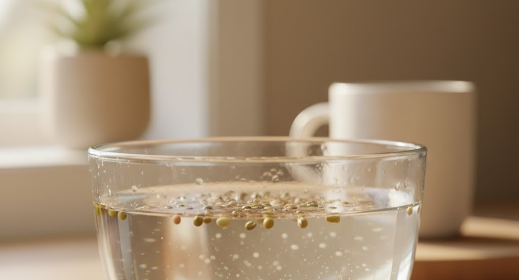 Seeds soaking in water in a glass bowl on a kitchen counter