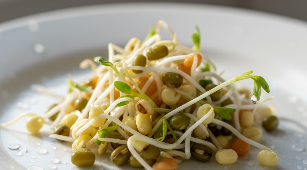 Close-up view of fresh sprouted seeds with natural light and water droplets