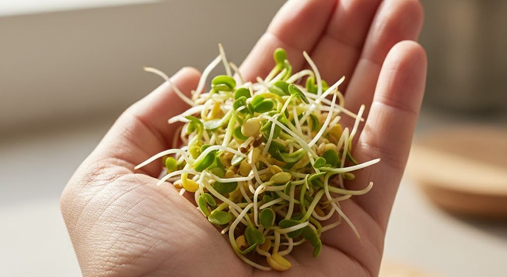 A hand holding a handful of fresh sprouted seeds.