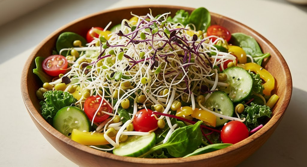Fresh salad with mixed sprouted seeds and colorful vegetables