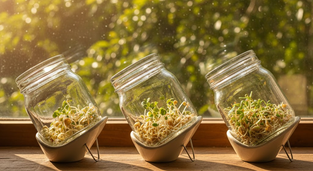 jars with seeds sprouting in natural sunlight on windowsill