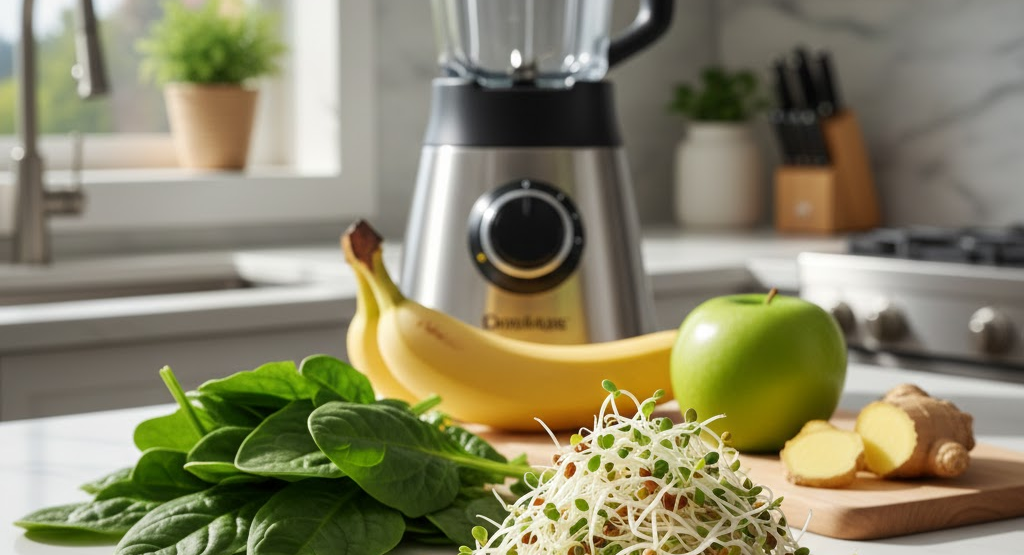 Fresh sprouts placed next to smoothie ingredients