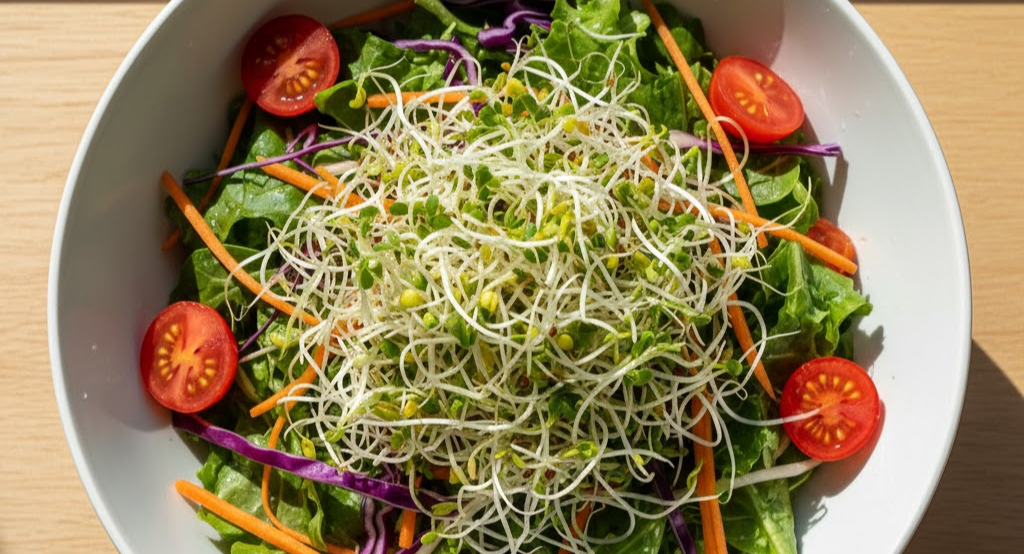 large bowl of salad topped with fresh sprouts