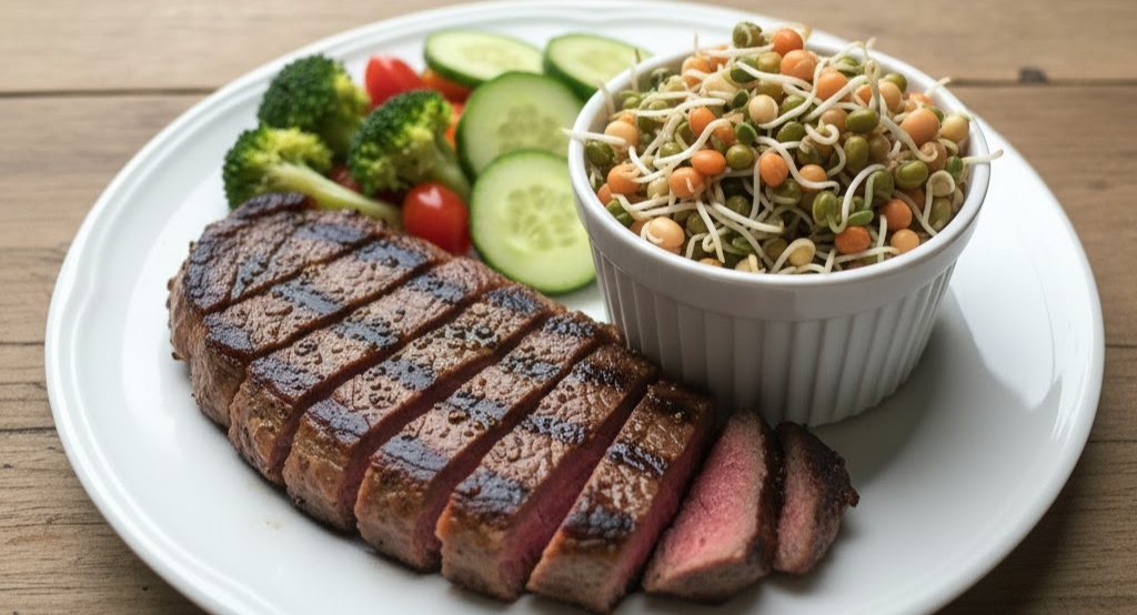 Grilled meat with sprouted lentils and vegetables on a plate