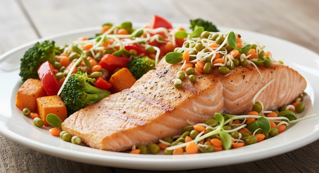 Grilled fish with vegetables and sprouted seeds on a plate