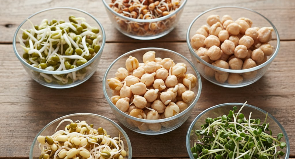 Different types of sprouted seeds in small bowls on a table