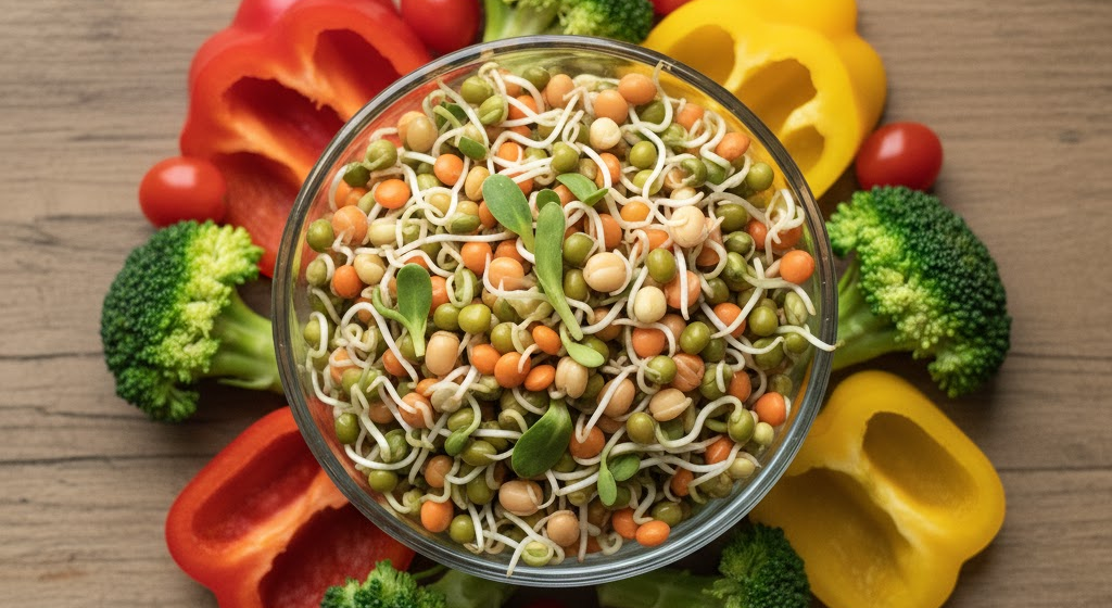 Bowl of mixed sprouted seeds with fresh vegetables