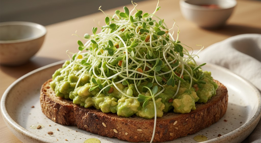 Avocado toast topped with fresh green sprouts