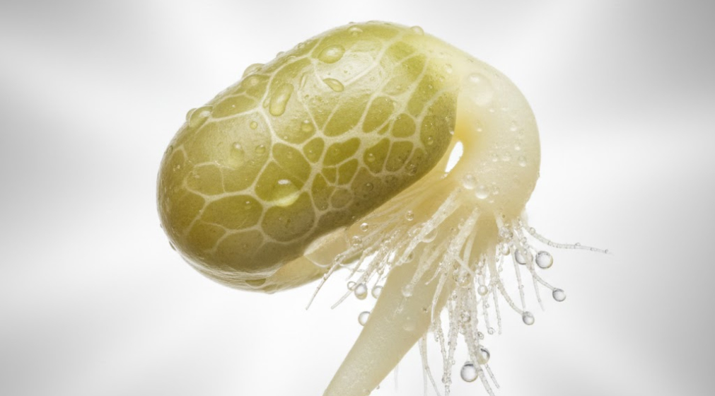 Sprouting trays with germinating seeds in a humid, light-controlled environment