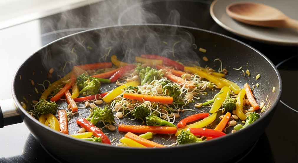 Sautéed sprouted seeds with vegetables in a pan