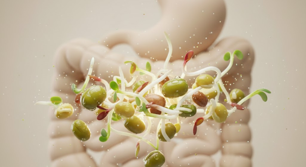 Sprouted seeds displayed over a soft abstract background symbolizing easier digestion.
