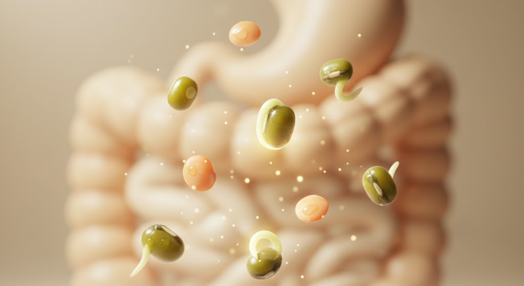 Sprouts floating over a water-like abstract background symbolizing digestion.