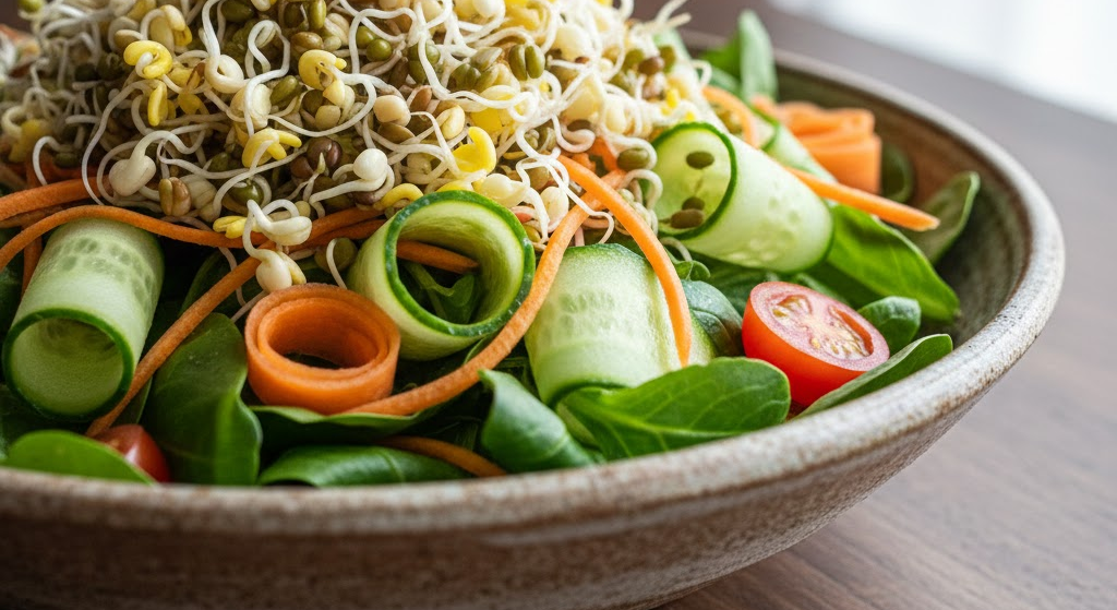 Fresh green salad with sprouted seeds on top.