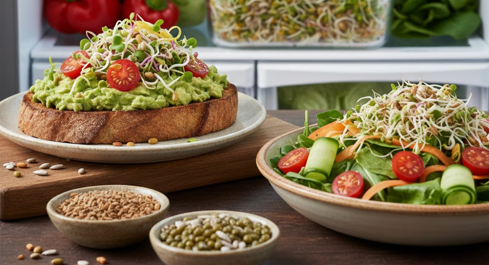 Avocado toast garnished with fresh sprouted seeds.