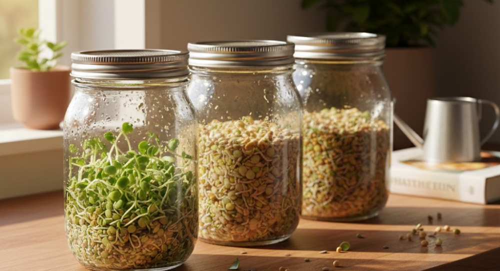 Jars with sprouted seeds growing at home