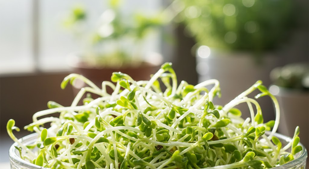 Fresh sprouts in a glass bowl representing immune and antioxidant support.