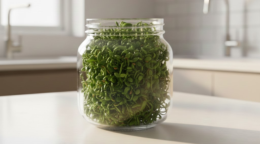 Colorful breakfast bowl topped with sprouted seeds and fresh fruit.