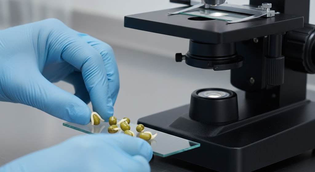 Lab setup with sprouted seeds being prepared for microscopic analysis