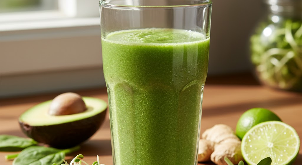 Green smoothie with sprouted seeds on a kitchen counter
