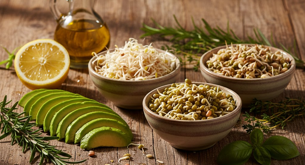 Bowls of assorted sprouts with fresh ingredients on a rustic table.