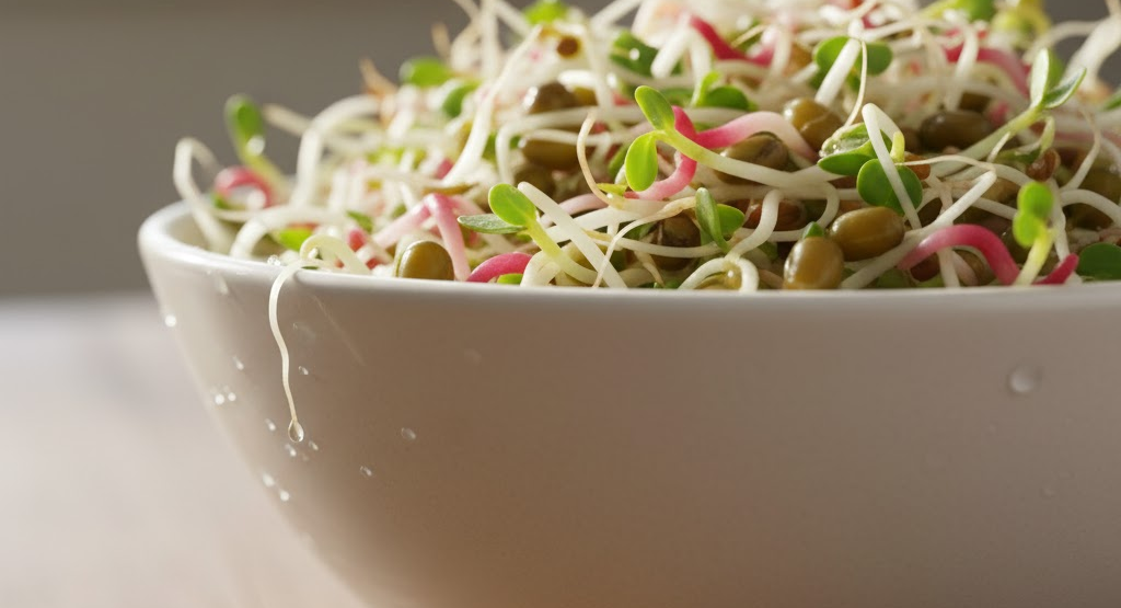A close-up macro shot of assorted fresh sprouted seeds in natural light.