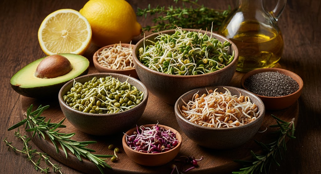 Assorted sprouted seeds arranged in bowls with fresh ingredients.
