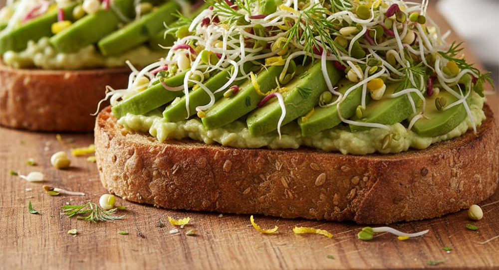 Avocado toast topped with fresh sprouted seeds.