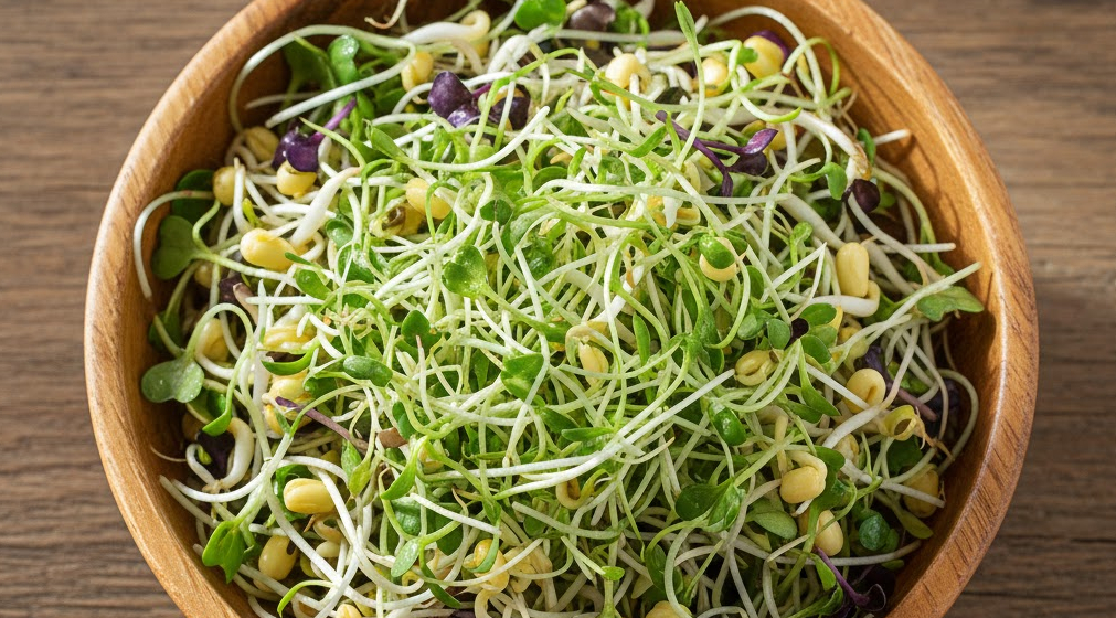 Fresh sprouted seeds in a wooden bowl