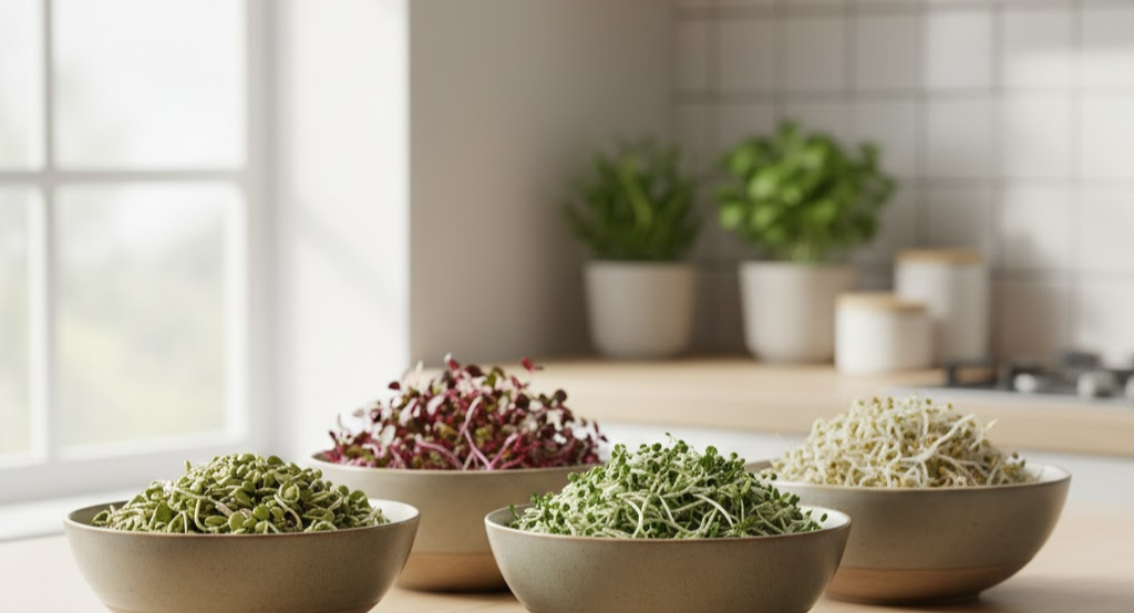 Bowls of assorted sprouted seeds on a clean kitchen countertop.
