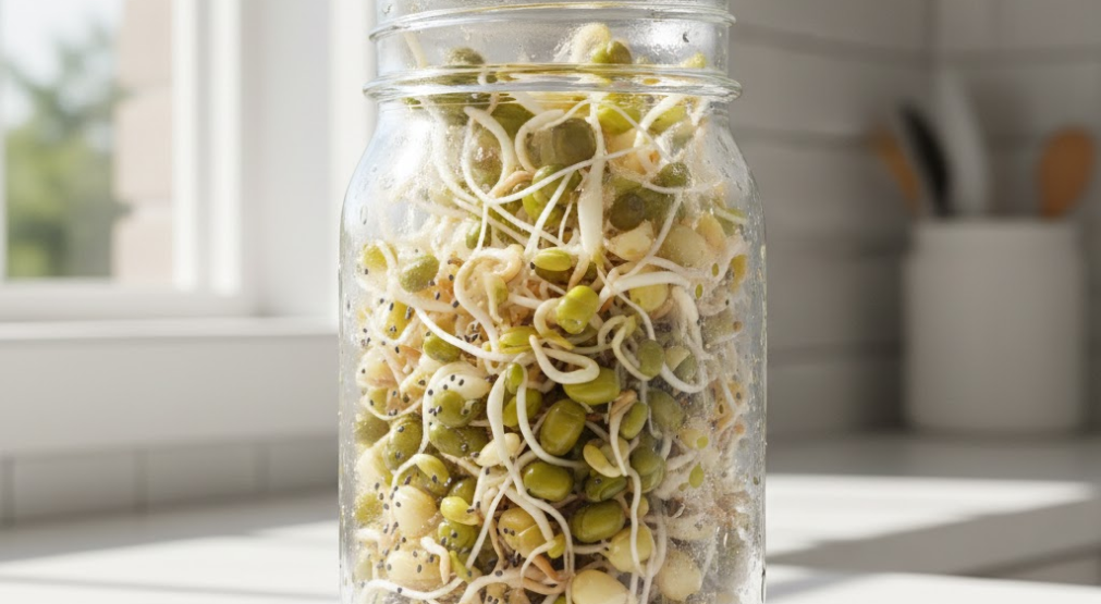 Glass jar filled with fresh sprouted seeds on a bright surface.