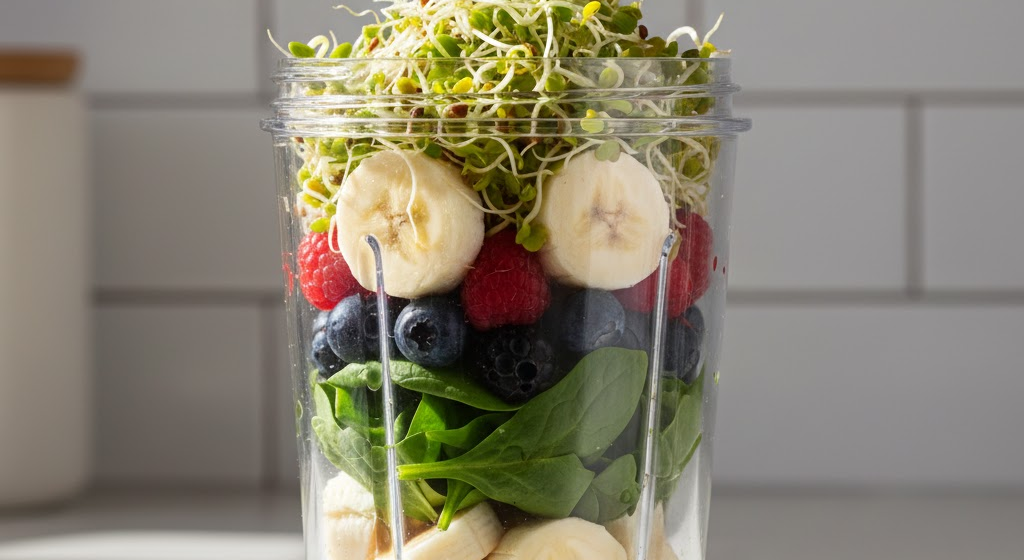 Sprouted seeds added to smoothie ingredients in a blender cup.