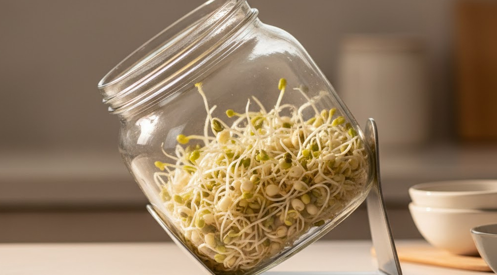 Sprouting jar with growing sprouts in a bright kitchen.
