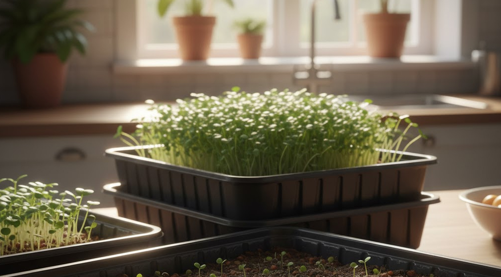 Tray of seeds at different stages of sprouting under sunlight indoors.