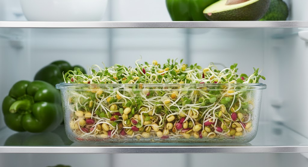 Glass container of sprouted seeds stored in a modern fridge.