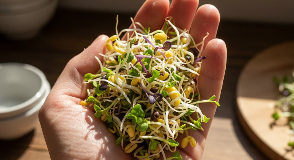 Hand holding fresh sprouted seeds
